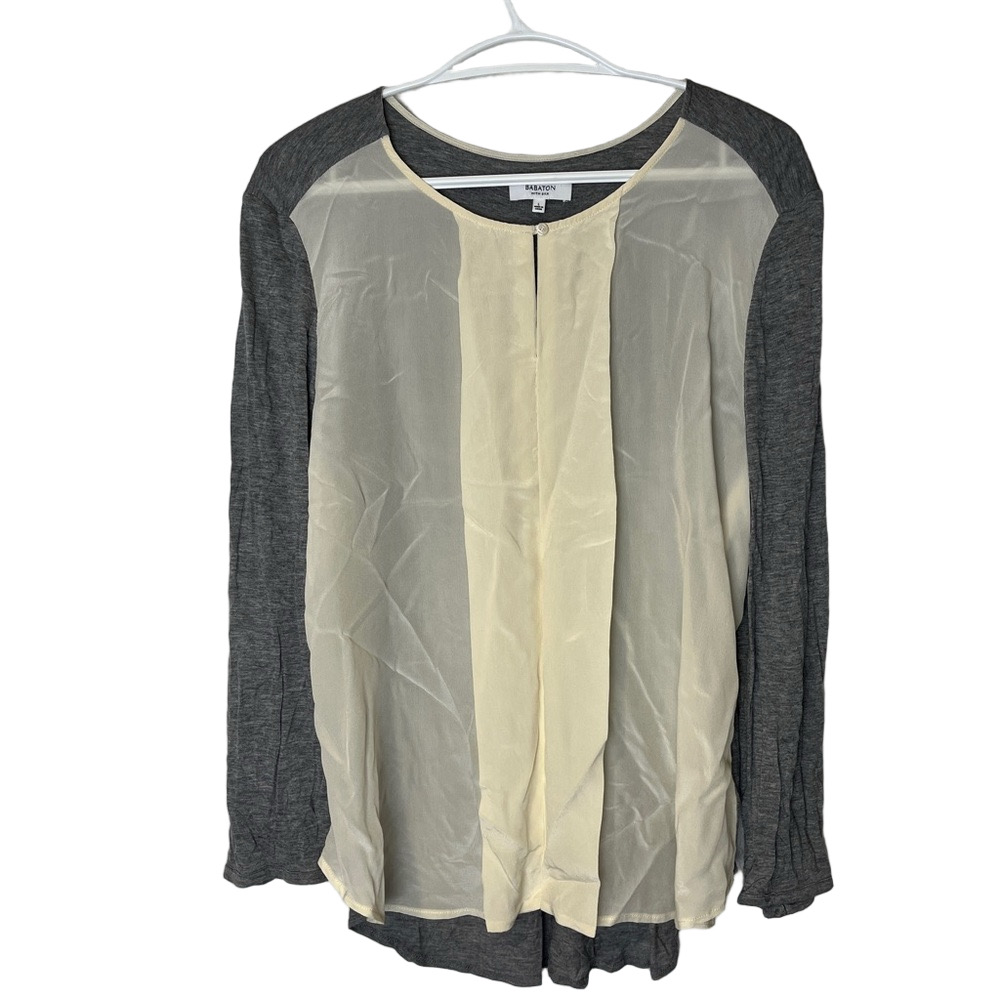 Babaton Aritzia Silk Blouse Cream Gray Long Sleeve L Neutral Minimalist Capsule